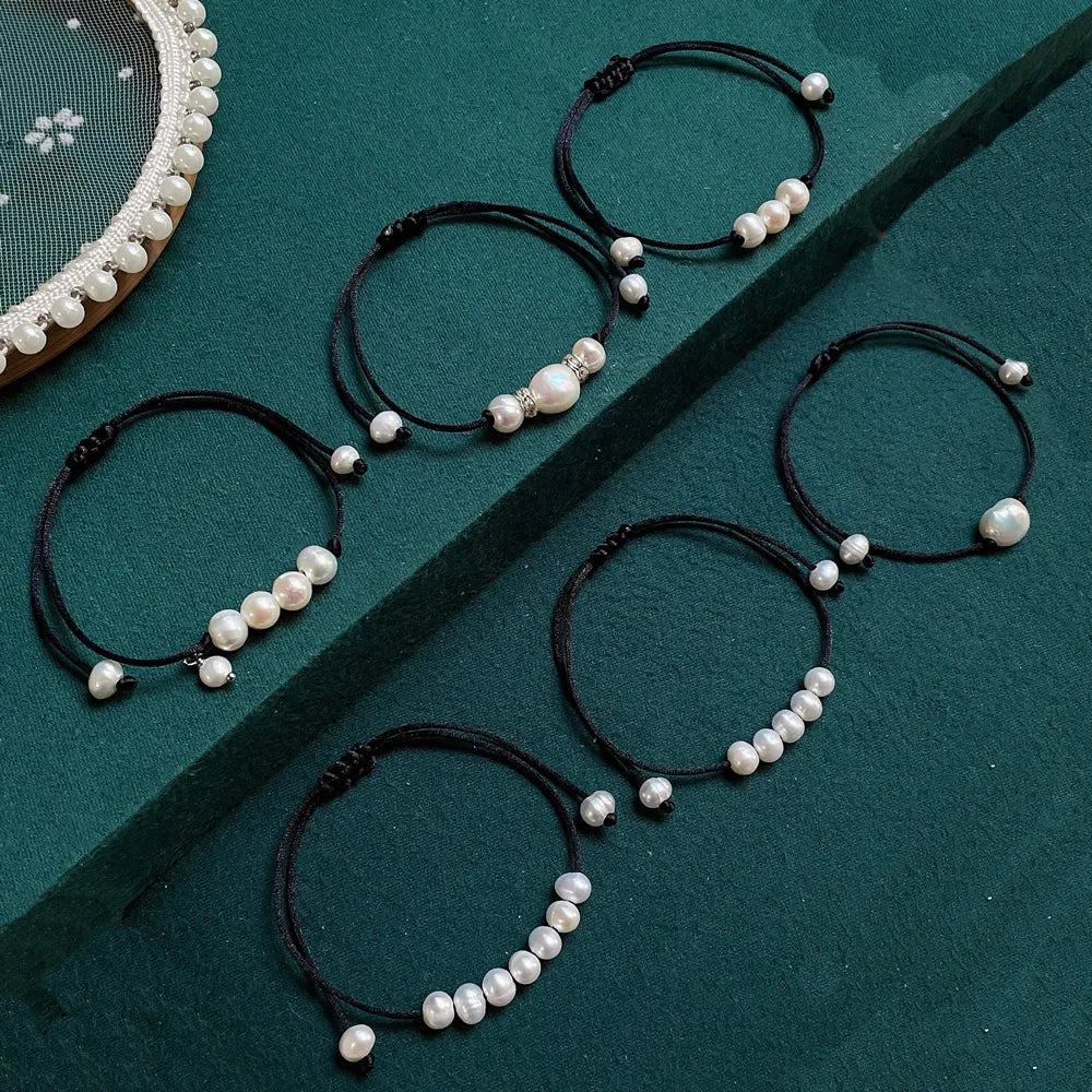Baroque Pearl Friendship Bracelet - Adjustable Black Rope Chain