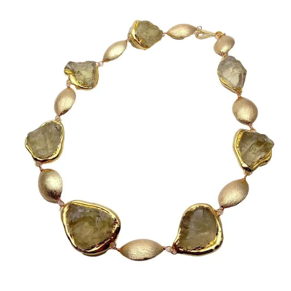 Natural Lemon Quartz Raw Crystal Necklace with Gold Plated Accents