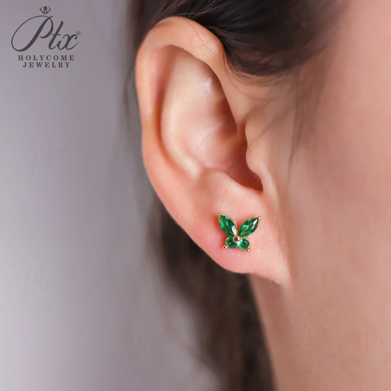 Lab Grown Emerald Butterfly Stud Earrings