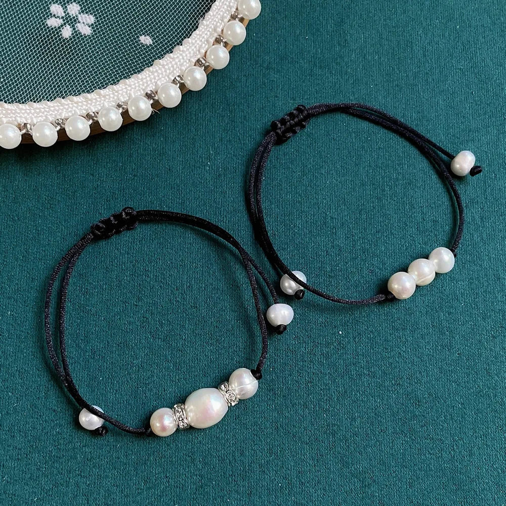 Baroque Pearl Friendship Bracelet - Adjustable Black Rope Chain