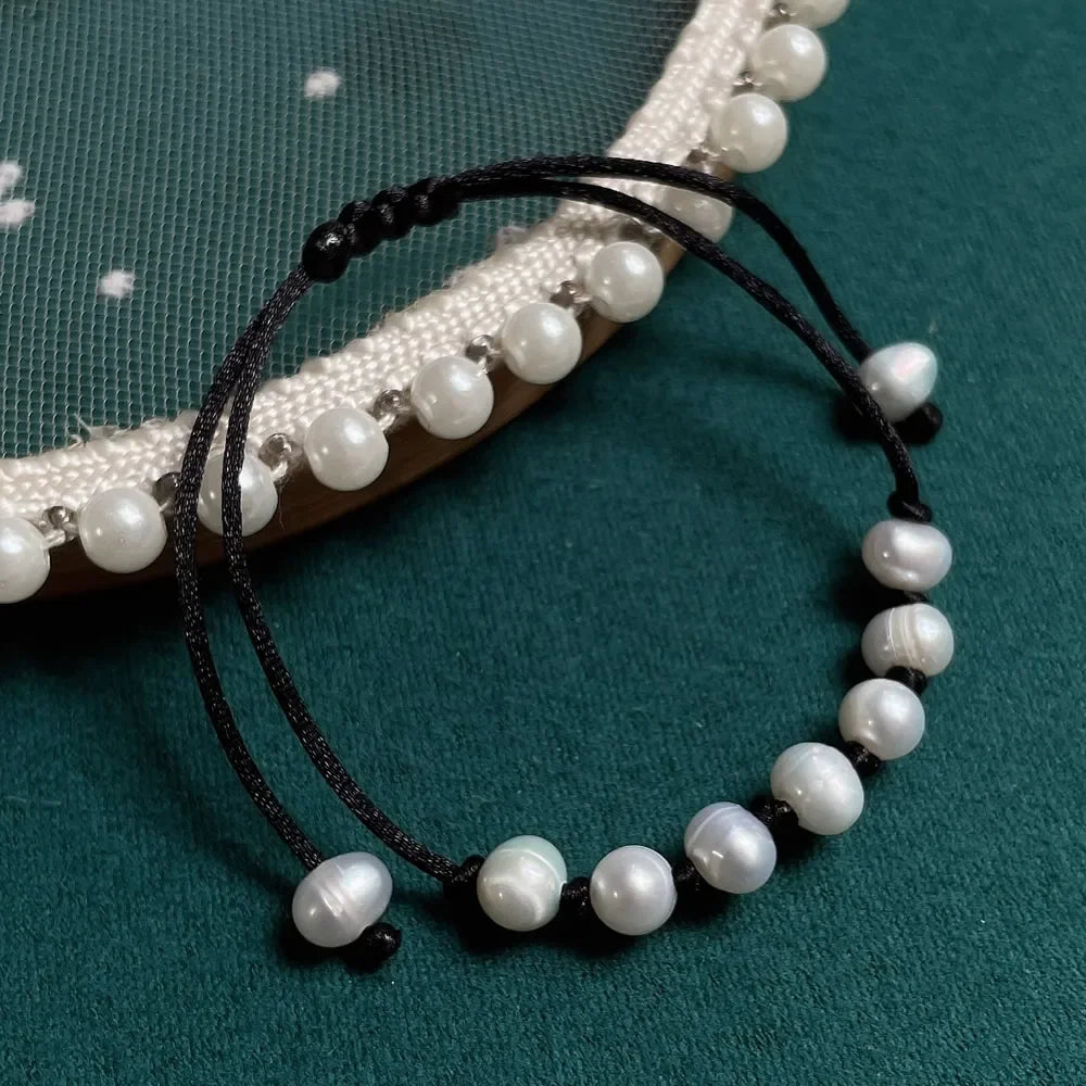 Baroque Pearl Friendship Bracelet - Adjustable Black Rope Chain
