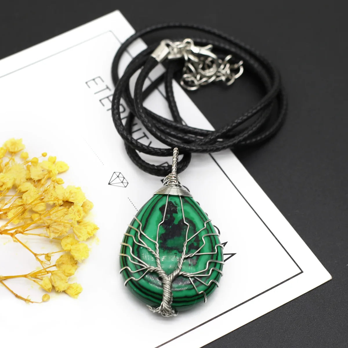 Wire-Wrapped Natural Stone Pendant - Leather Cord Necklace