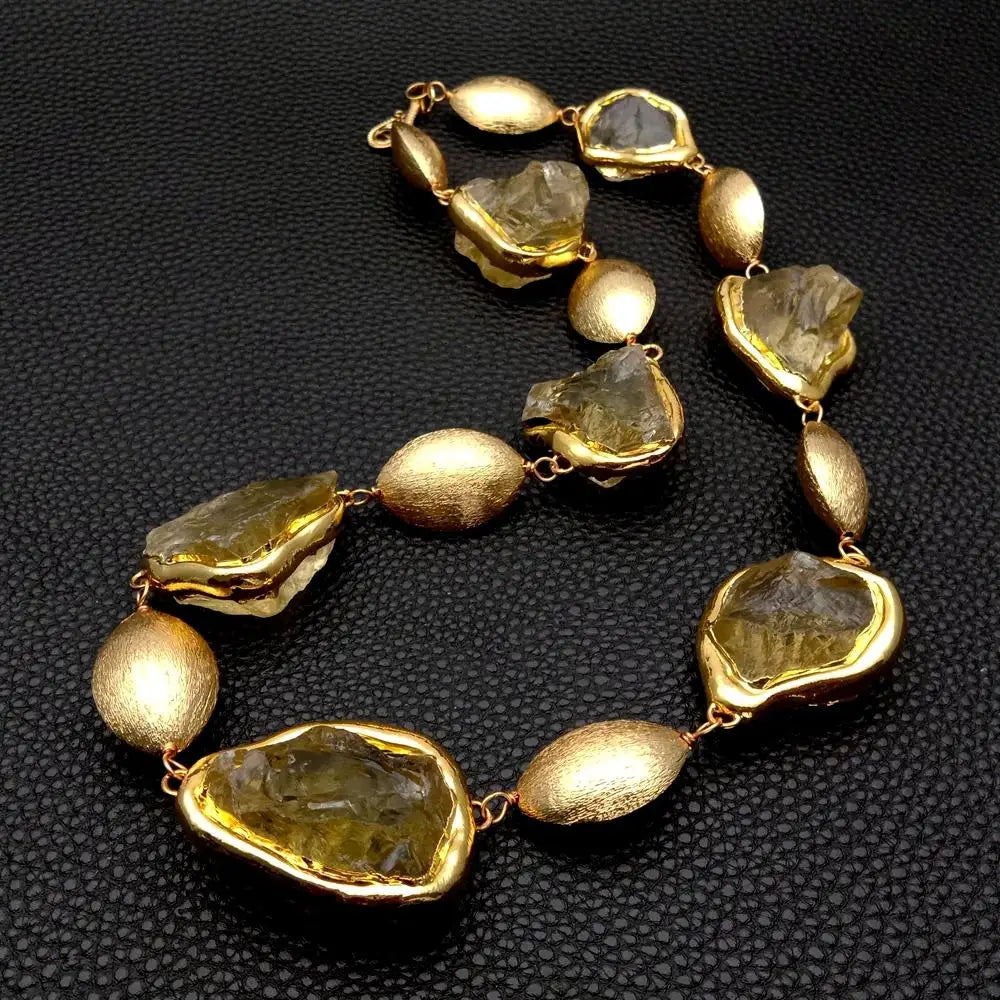 Natural Lemon Quartz Raw Crystal Necklace with Gold Plated Accents