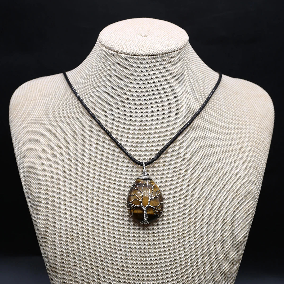 Wire-Wrapped Natural Stone Pendant - Leather Cord Necklace