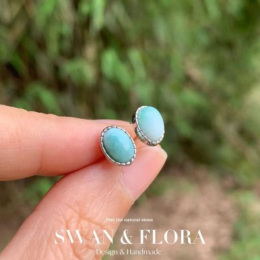 Natural Larimar 925 Sterling Silver Stud Earrings