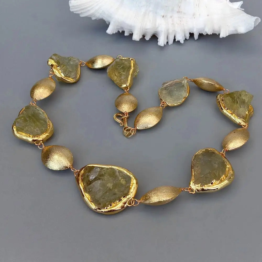 Natural Lemon Quartz Raw Crystal Necklace with Gold Plated Accents