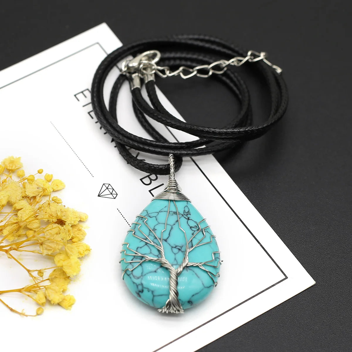 Wire-Wrapped Natural Stone Pendant - Leather Cord Necklace