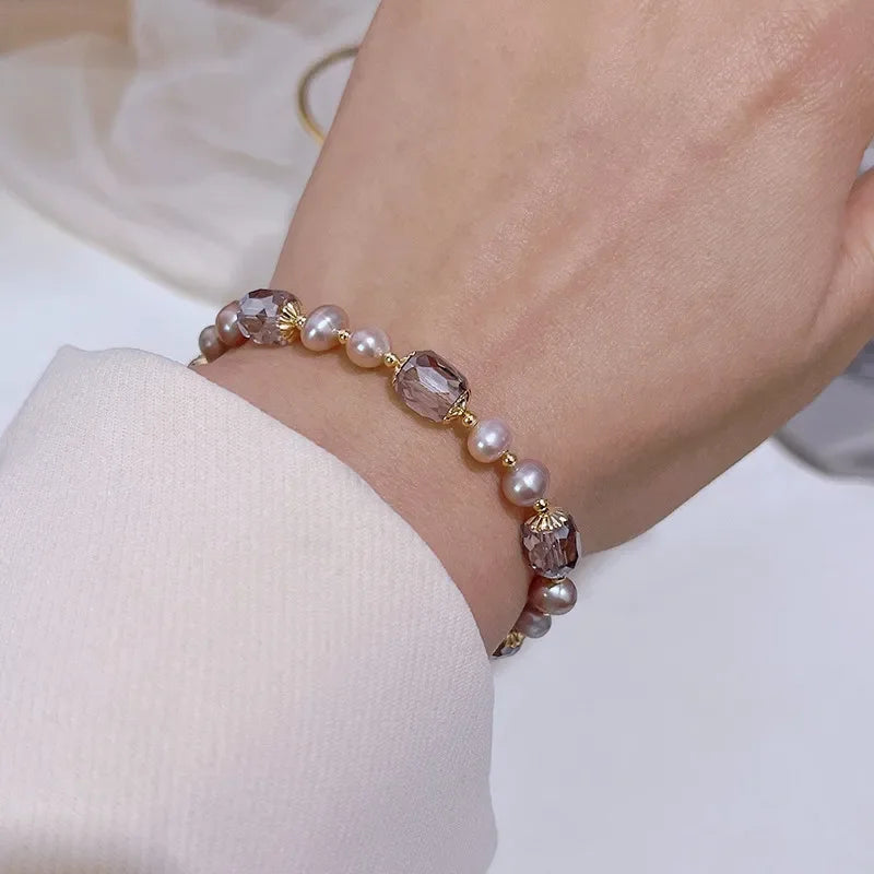Pearl and Crystal Beaded Bracelet - Adjustable Freshwater Pearl Strand