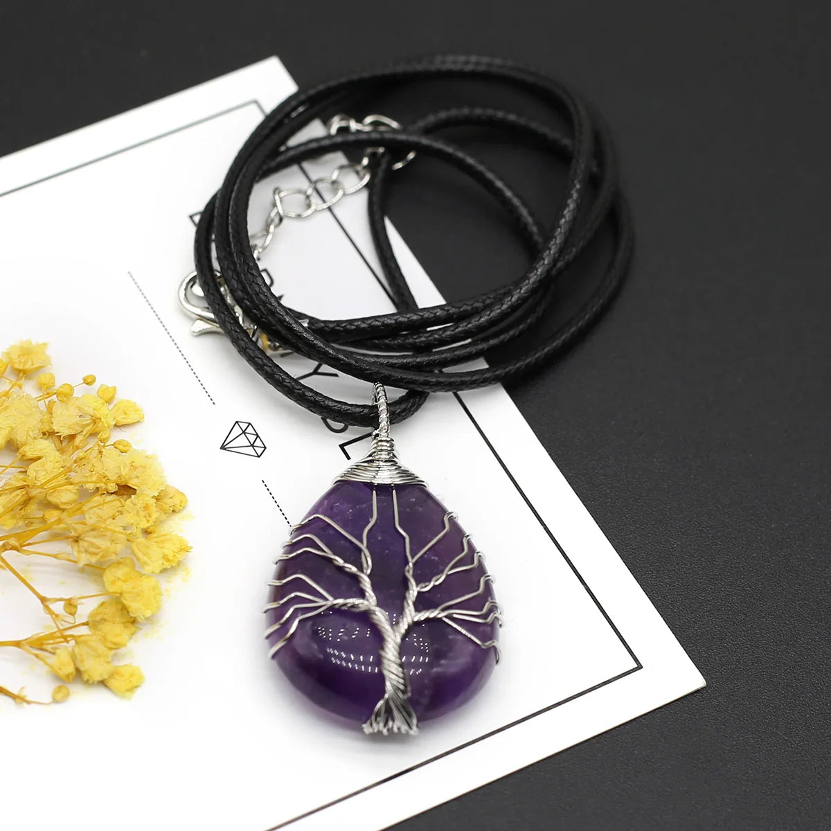 Wire-Wrapped Natural Stone Pendant - Leather Cord Necklace