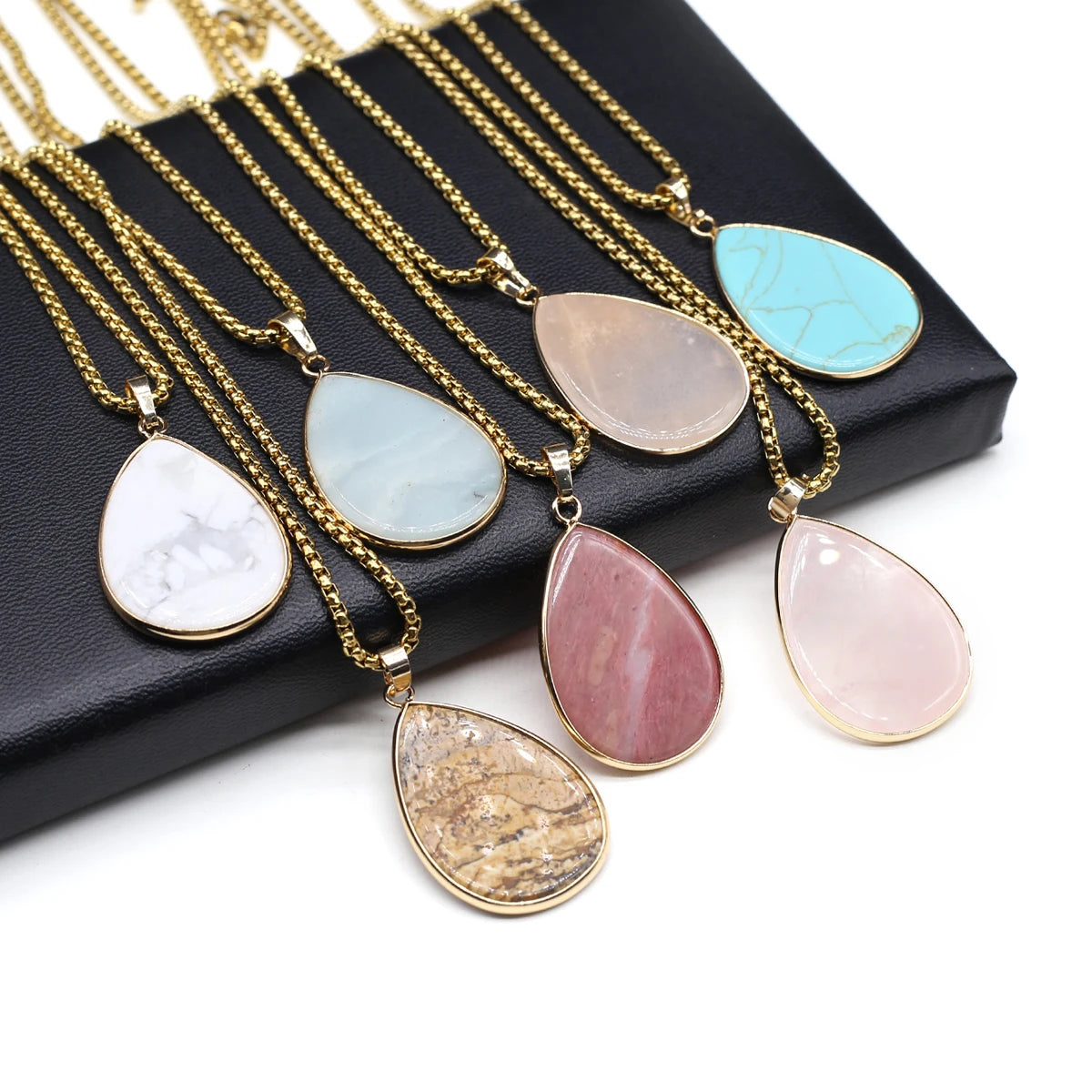 Natural Stone Water Drop Pendant Necklace - Semi-Precious Gemstone