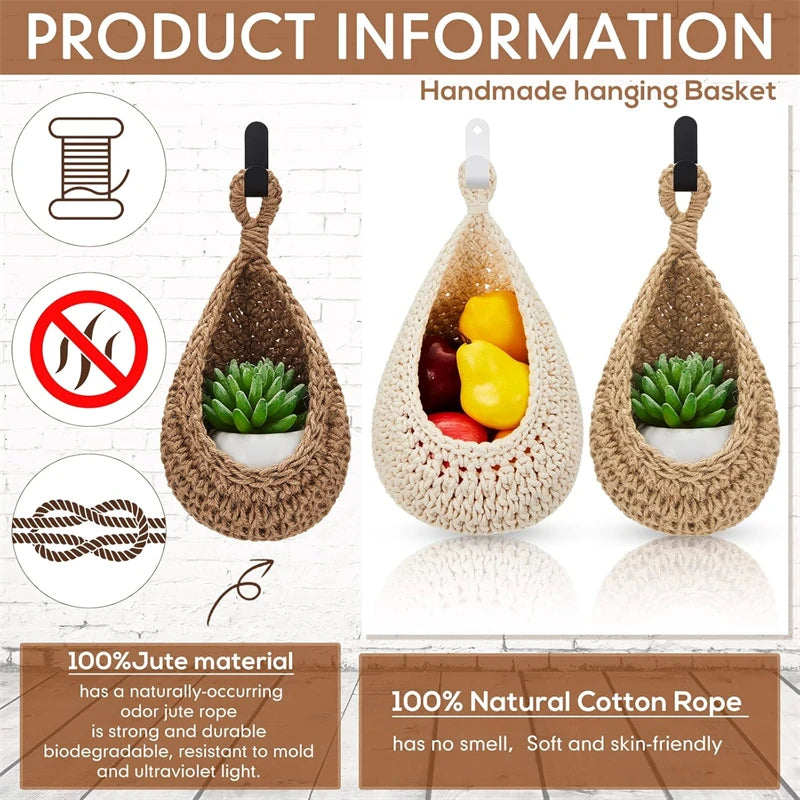 3pcs Bohemian-style Wall-mounted Fruit and Vegetable Baskets. Hand-making Woven Wall-mounted Fruit Basket for Home Kitchen Use