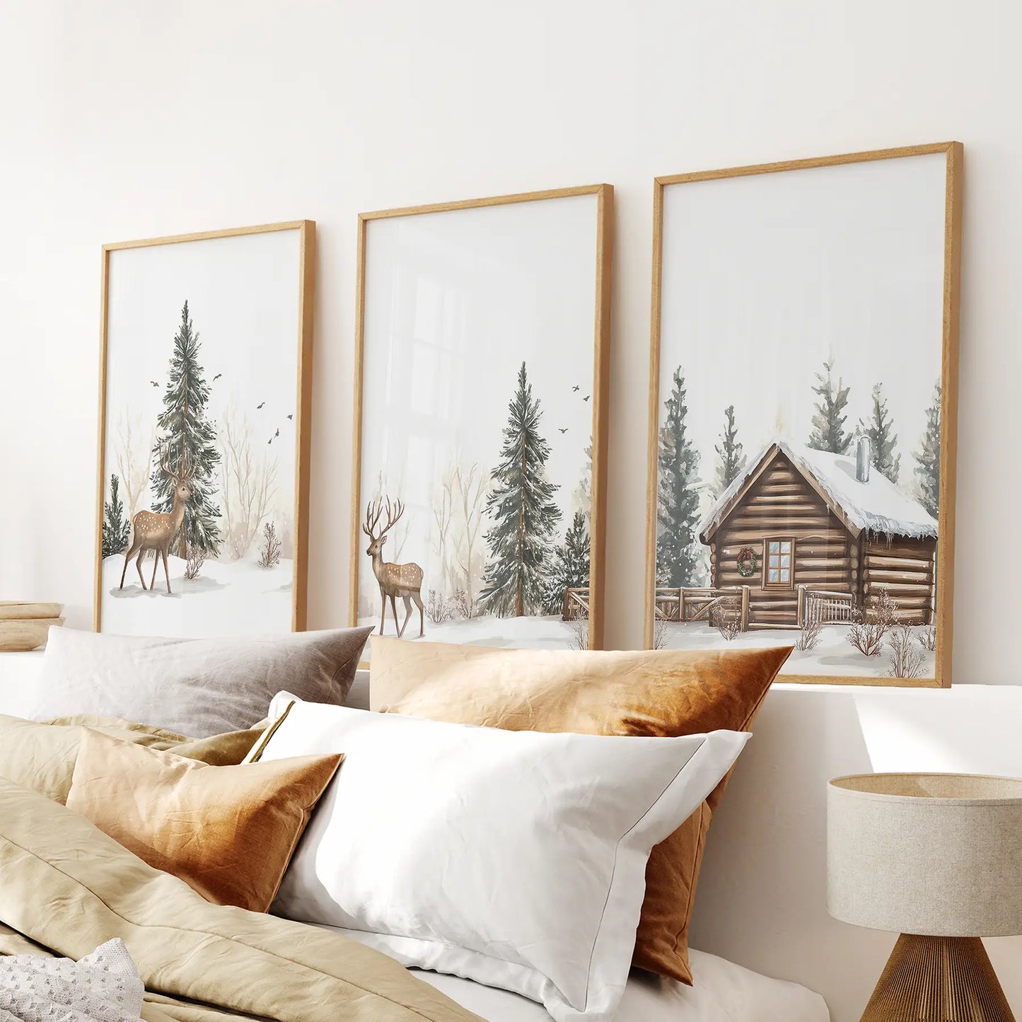 Winter Wall Art Set of 3 | Rustic Deer, Cabin & Snowy Pine Forest Prints