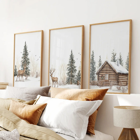 Winter Wall Art Set of 3 | Rustic Deer, Cabin & Snowy Pine Forest Prints