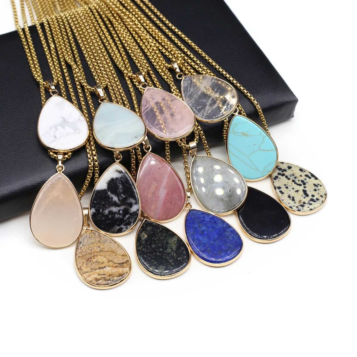 Natural Stone Water Drop Pendant Necklace - Semi-Precious Gemstone