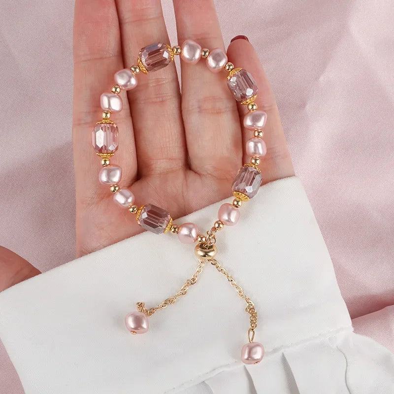 Pearl and Crystal Beaded Bracelet - Adjustable Freshwater Pearl Strand