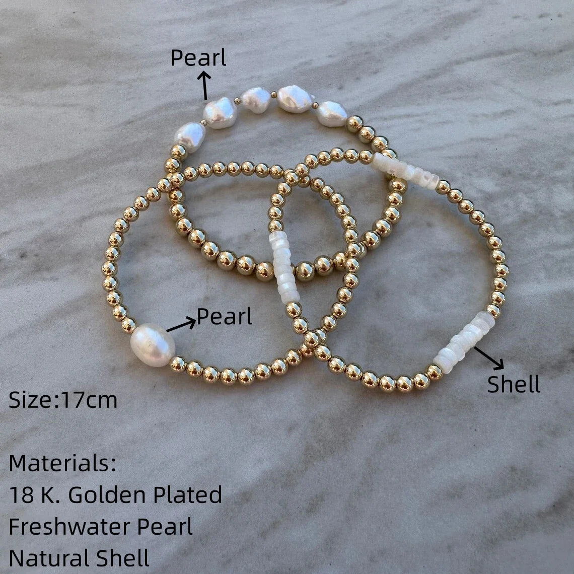 Natural Pearl Stretch Bracelet - 18K Gold Plated Beads Stackable