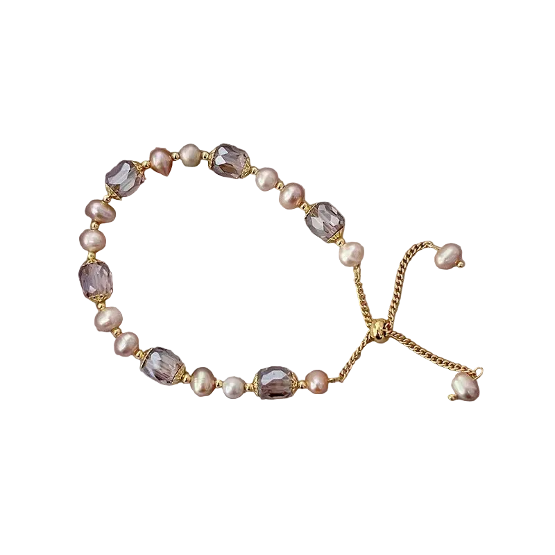 Pearl and Crystal Beaded Bracelet - Adjustable Freshwater Pearl Strand