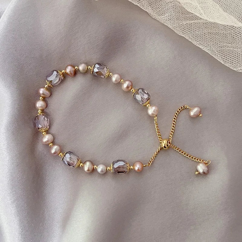 Pearl and Crystal Beaded Bracelet - Adjustable Freshwater Pearl Strand