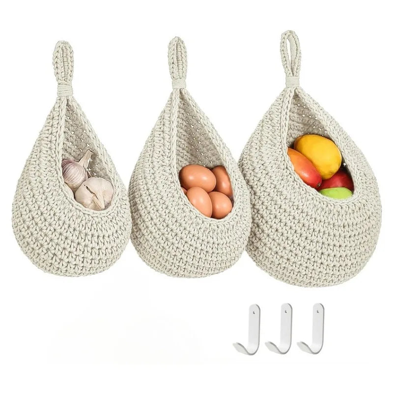 3pcs Bohemian-style Wall-mounted Fruit and Vegetable Baskets. Hand-making Woven Wall-mounted Fruit Basket for Home Kitchen Use