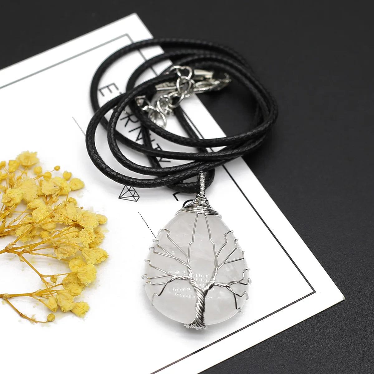 Wire-Wrapped Natural Stone Pendant - Leather Cord Necklace