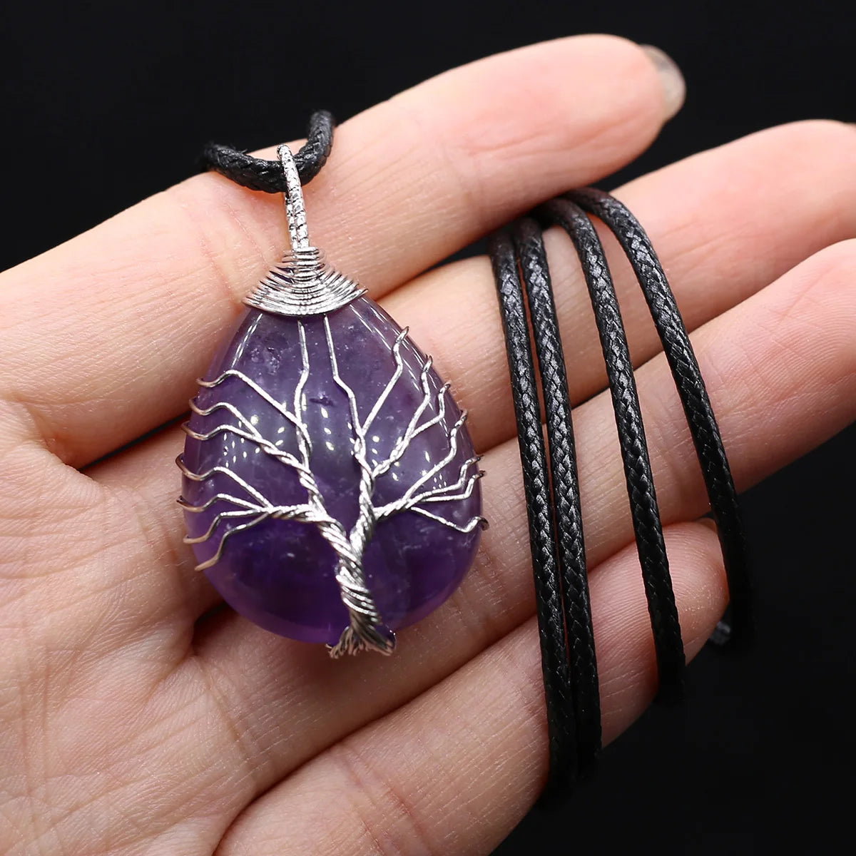Wire-Wrapped Natural Stone Pendant - Leather Cord Necklace