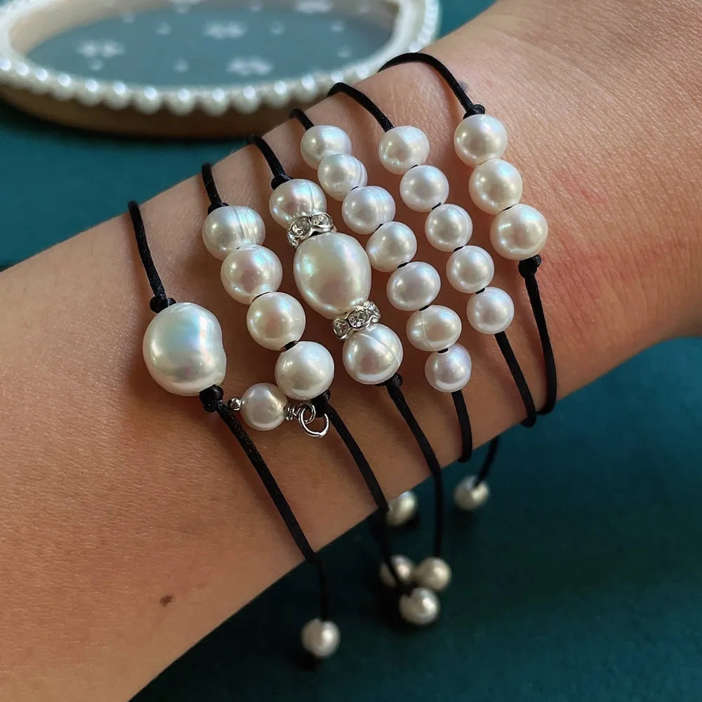 Baroque Pearl Friendship Bracelet - Adjustable Black Rope Chain