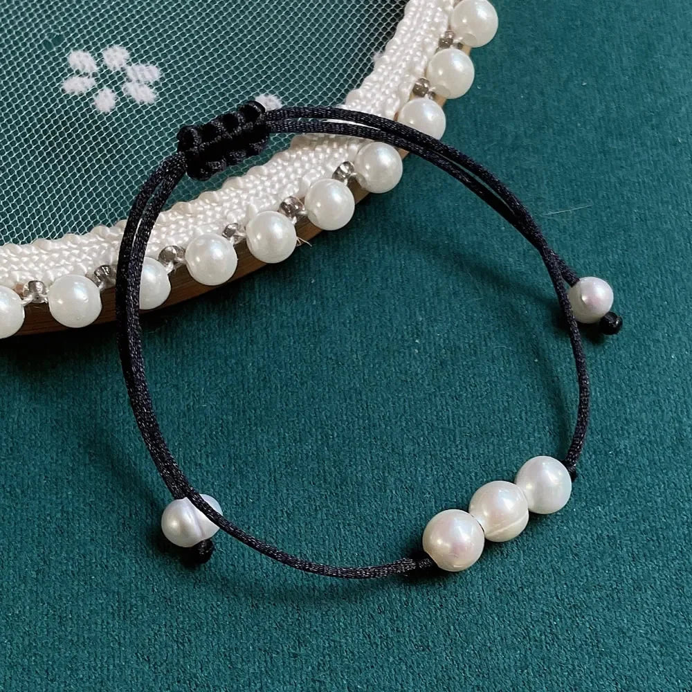 Baroque Pearl Friendship Bracelet - Adjustable Black Rope Chain