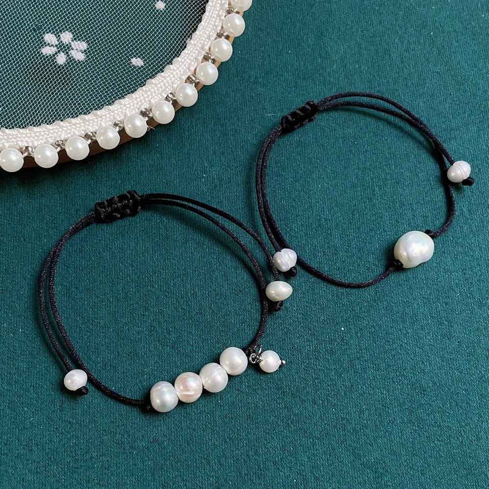 Baroque Pearl Friendship Bracelet - Adjustable Black Rope Chain