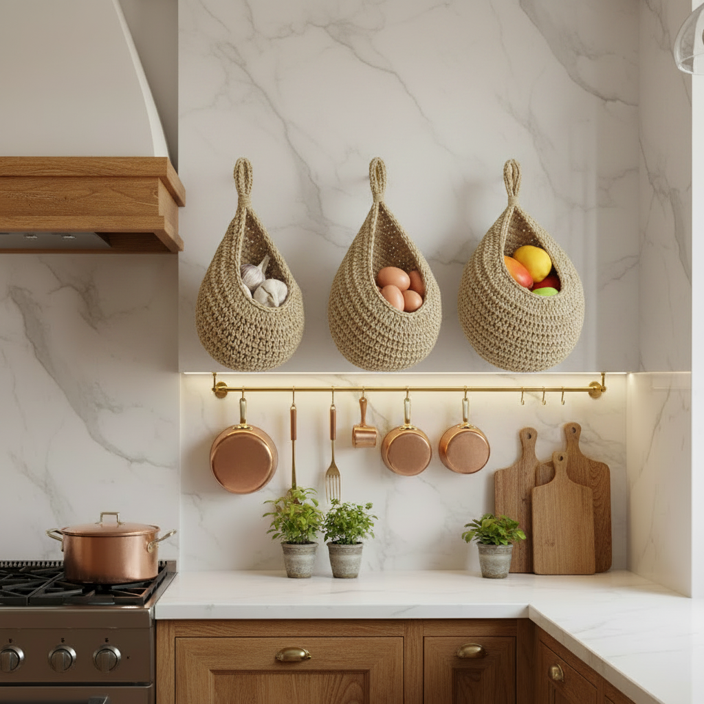 Set of three woven fruit baskets with hooks on a white background