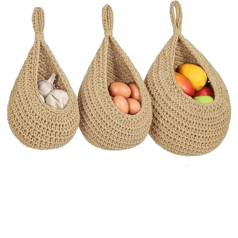 3pcs Bohemian-style Wall-mounted Fruit and Vegetable Baskets. Hand-making Woven Wall-mounted Fruit Basket for Home Kitchen Use