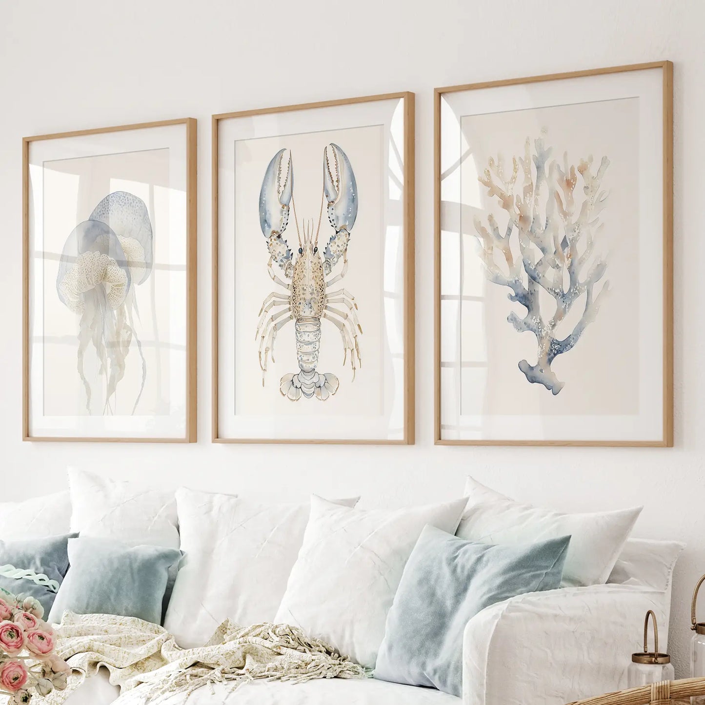 Coastal Wall Art Set of 3 | Watercolor Jellyfish, Lobster & Coral Reef Prints