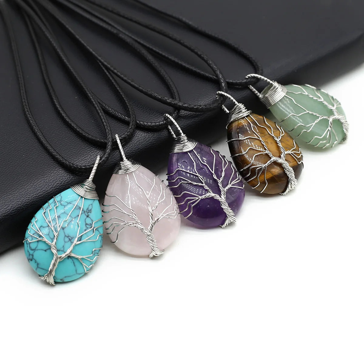 Wire-Wrapped Natural Stone Pendant - Leather Cord Necklace