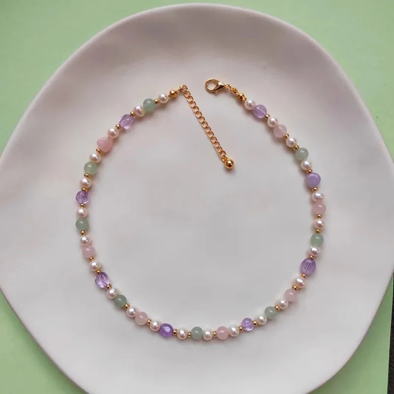 Handmade Gemstone & Pearl Beaded Choker - Bohemian Crystal Necklace