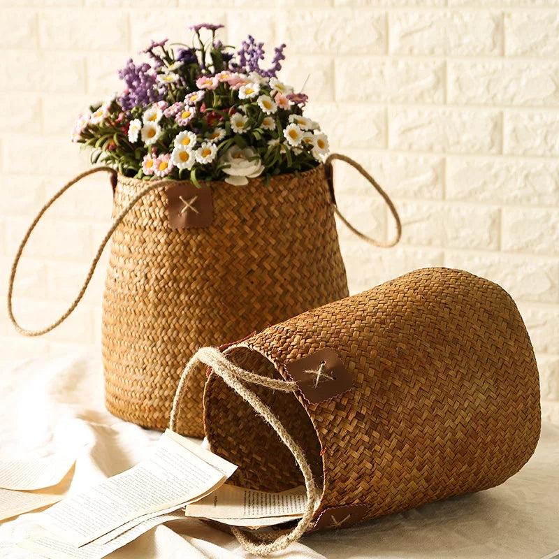 Handwoven Grass Basket | Dried Flower Vase & Boho Home Decor Organizer