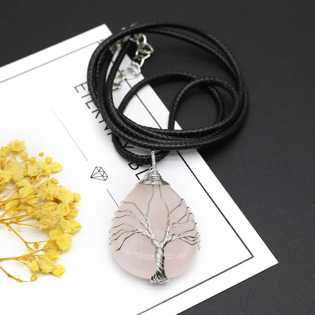 Wire-Wrapped Natural Stone Pendant - Leather Cord Necklace