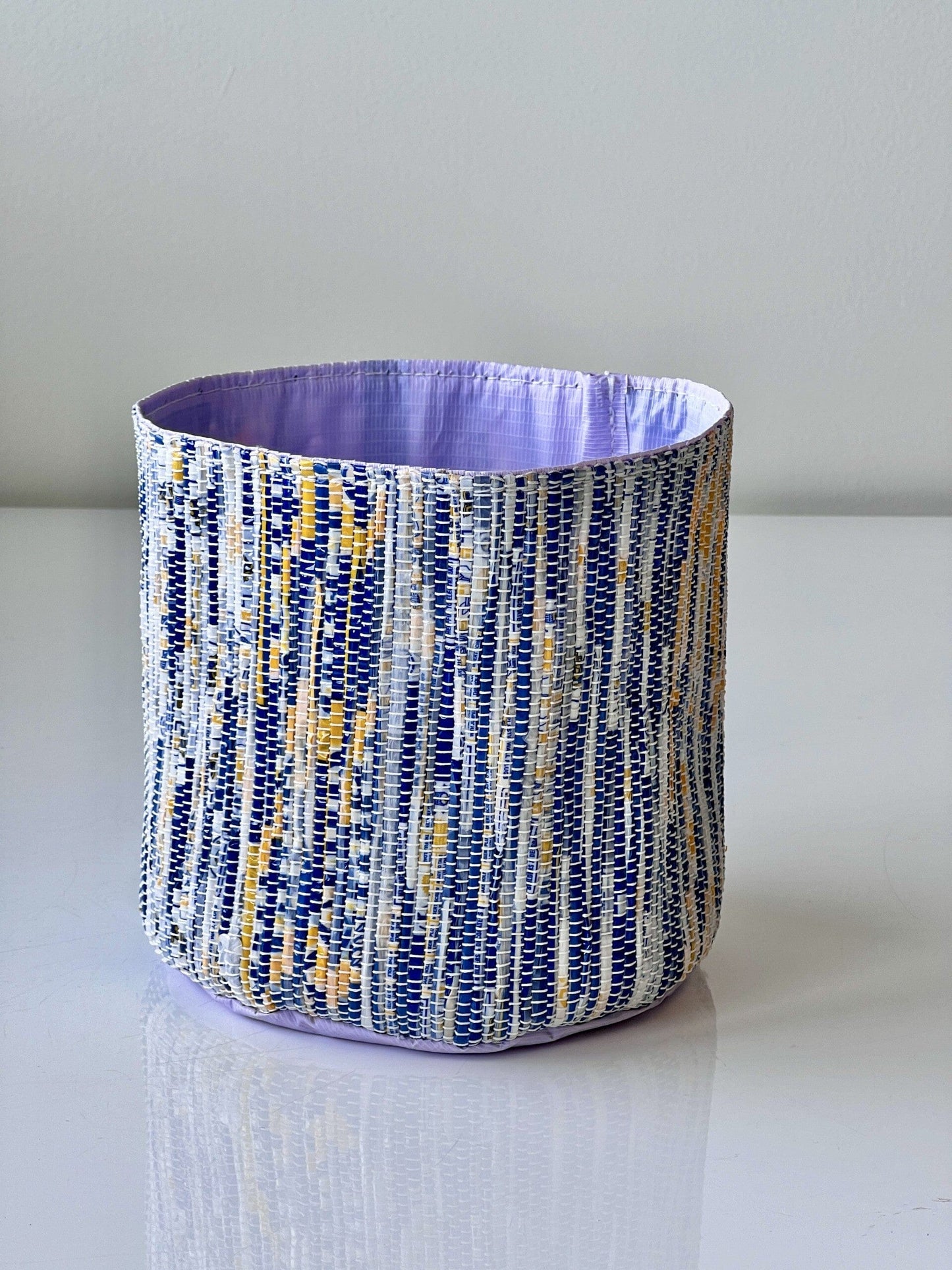 Upcycled Blue Woven Planter Basket - Handmade from Recycled Plastic
