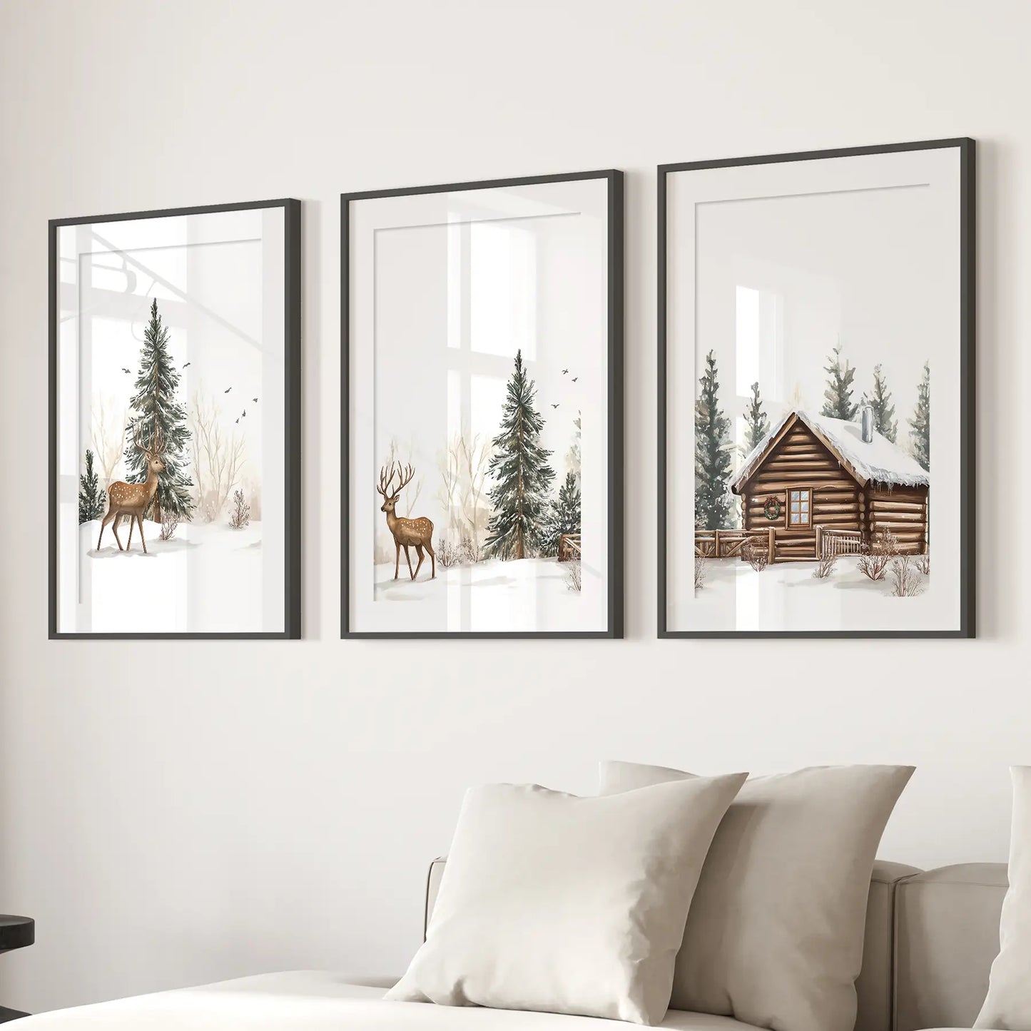 Winter Wall Art Set of 3 | Rustic Deer, Cabin & Snowy Pine Forest Prints
