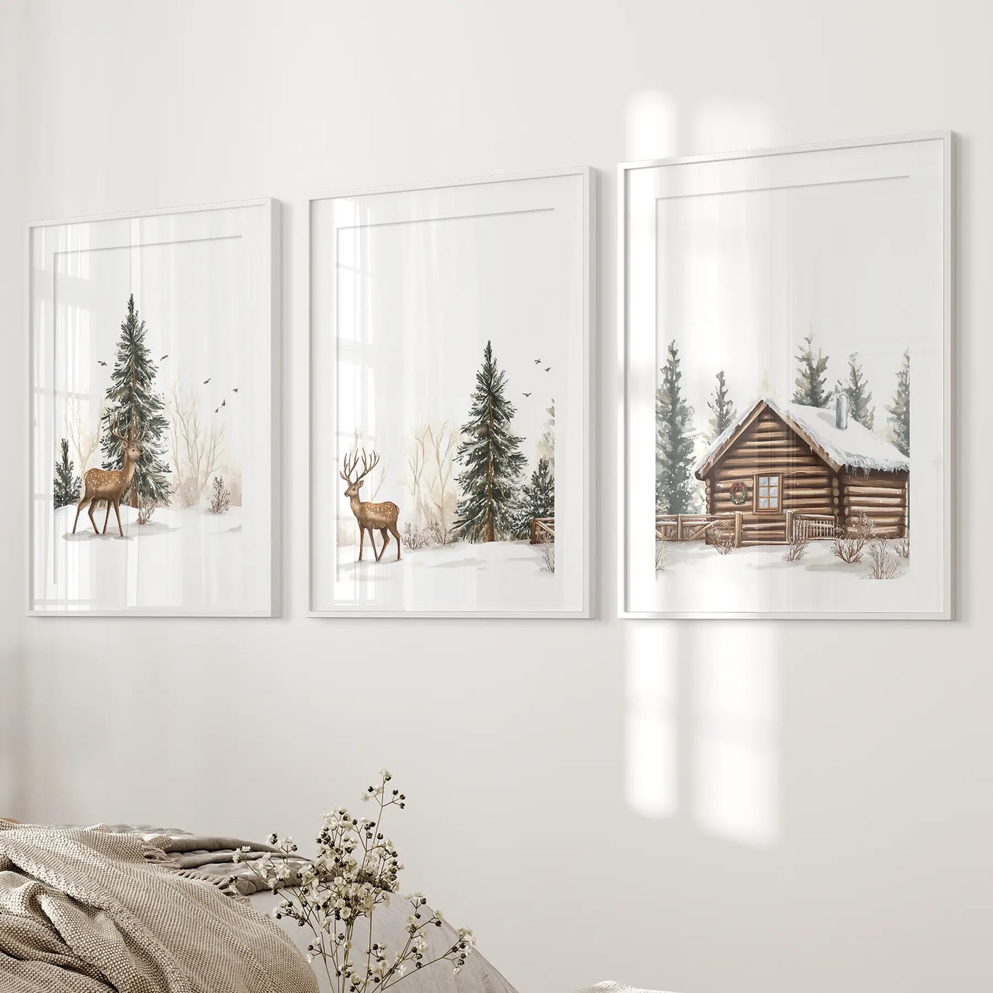 Winter Wall Art Set of 3 | Rustic Deer, Cabin & Snowy Pine Forest Prints