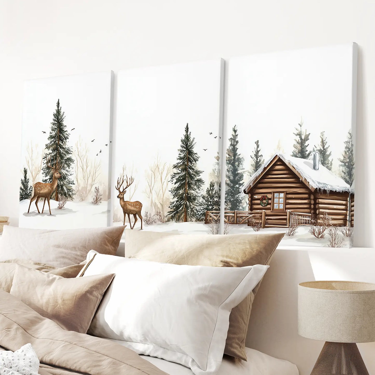 Winter Wall Art Set of 3 | Rustic Deer, Cabin & Snowy Pine Forest Prints