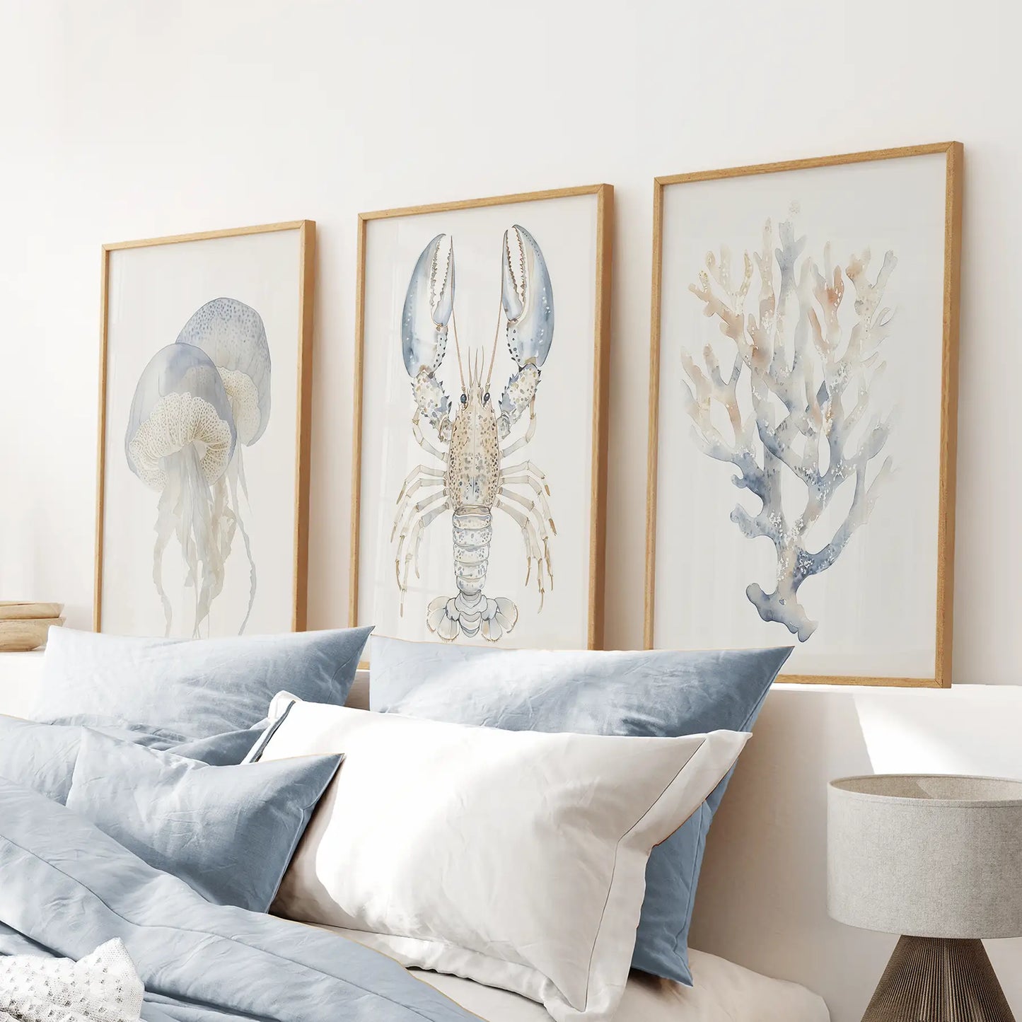 Coastal Wall Art Set of 3 | Watercolor Jellyfish, Lobster & Coral Reef Prints