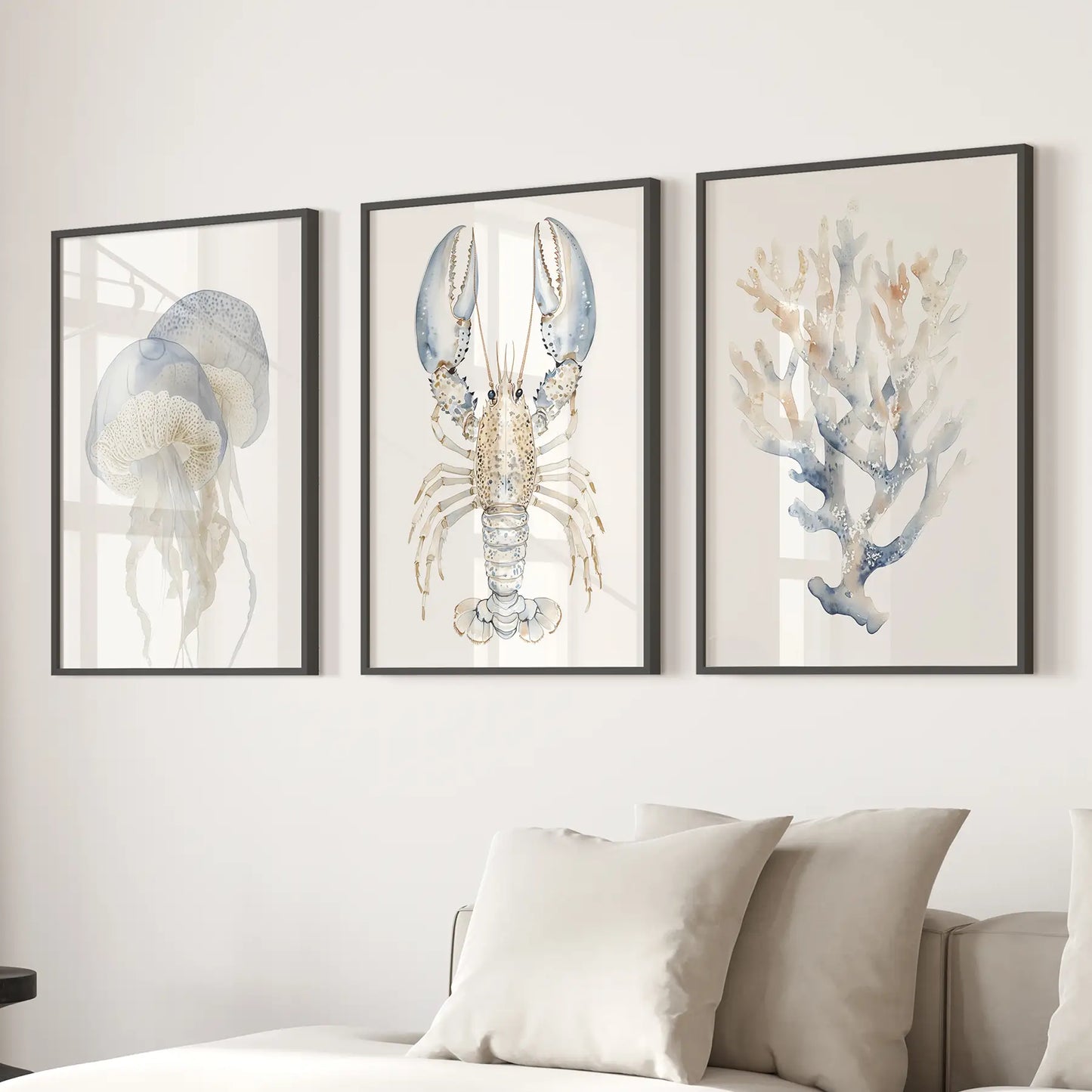 Coastal Wall Art Set of 3 | Watercolor Jellyfish, Lobster & Coral Reef Prints