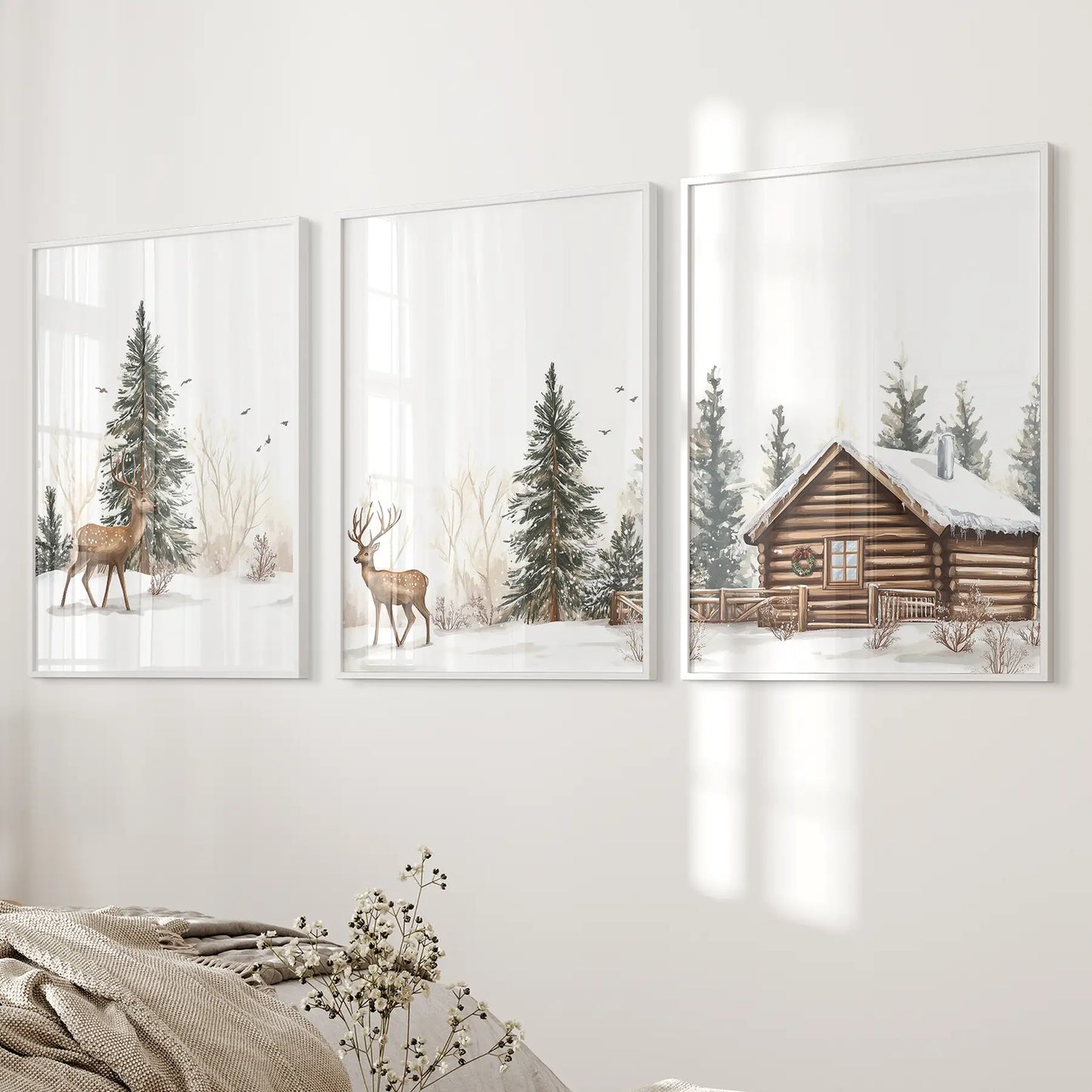 Winter Wall Art Set of 3 | Rustic Deer, Cabin & Snowy Pine Forest Prints