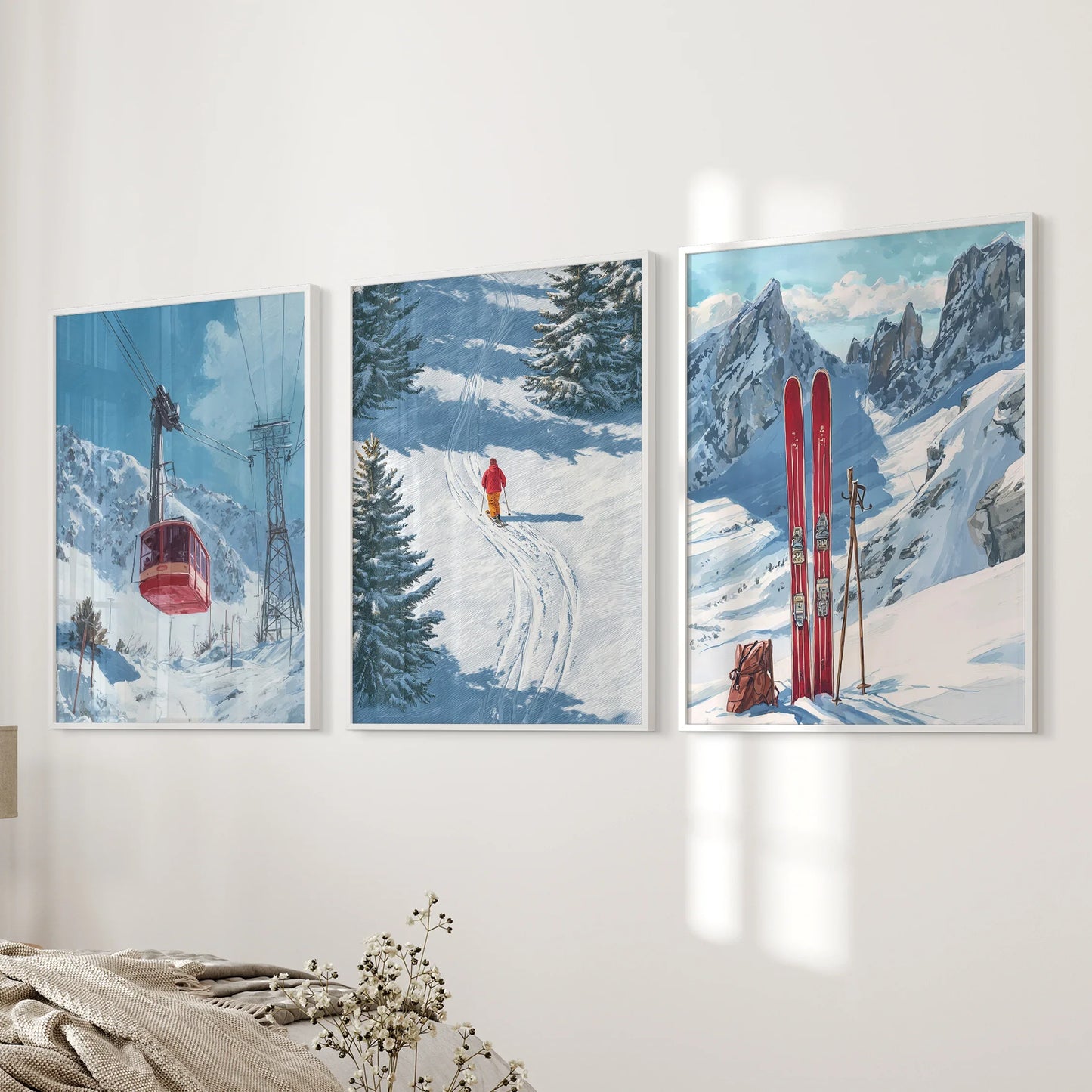 Ski Lodge Wall Art Set of 3 | Mountain, Gondola & Winter Skier Prints