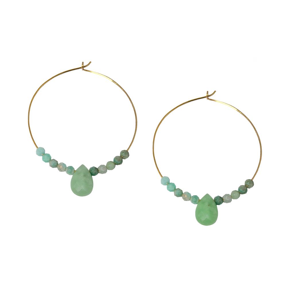 Gold hoop earrings with green teardrop beads on a white background