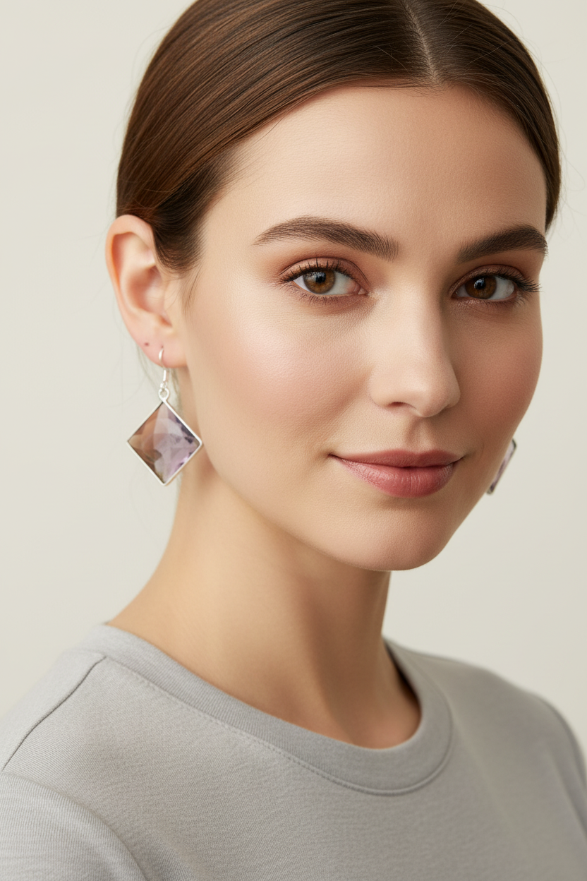 Amethyst Square Drop Earrings — Model