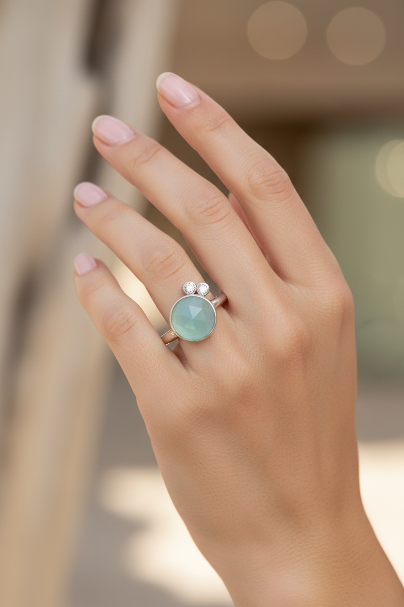 Aqua Chalcedony Ring on Model