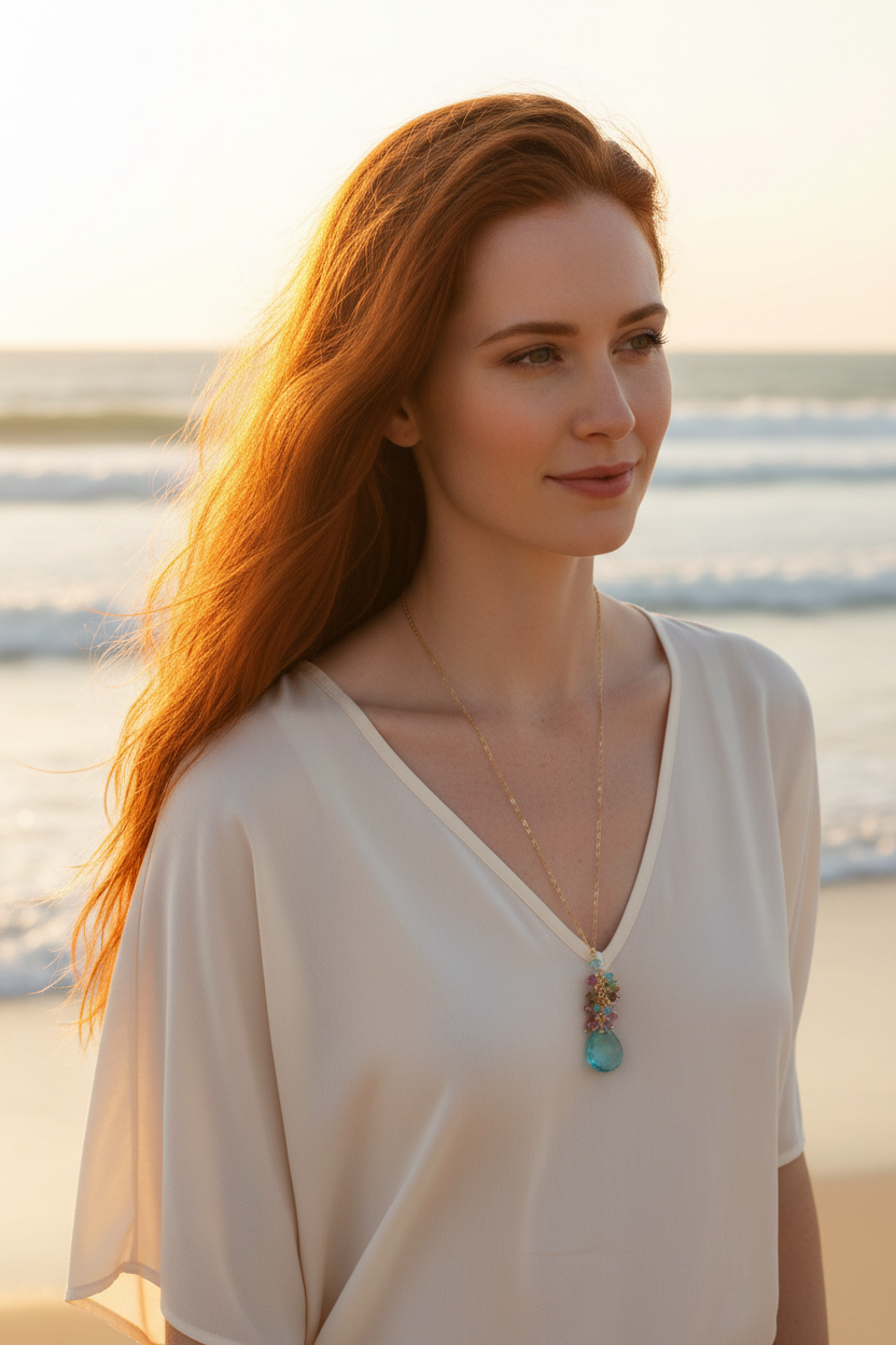 Aquamarine Raindrop Cluster Necklace — Gold, Beach