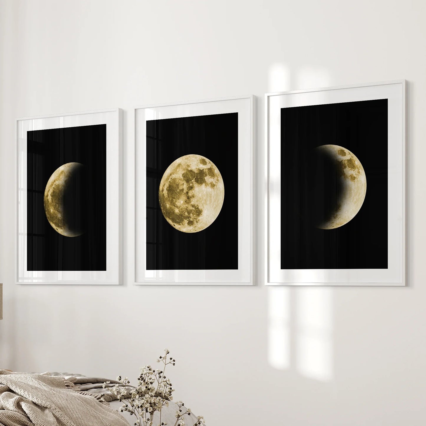 Celestial Moon Wall Art Set of 3 | Gold Moon Phases & Night Sky Prints
