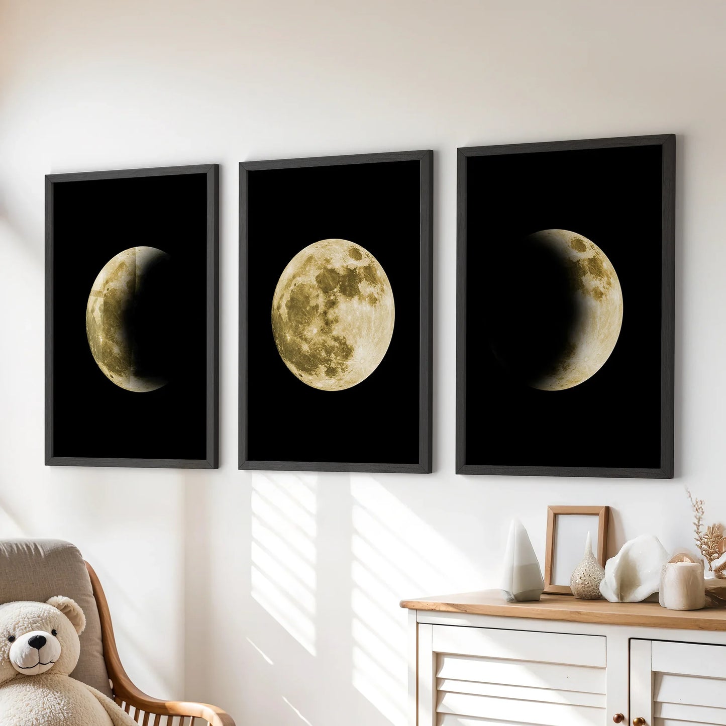 Celestial Moon Wall Art Set of 3 | Gold Moon Phases & Night Sky Prints