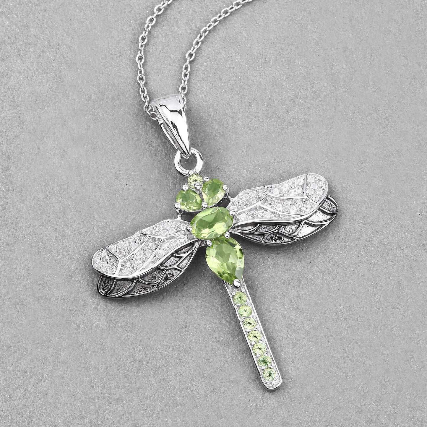 Genuine Peridot & White Topaz Dragonfly Pendant in .925 Sterling Silver — 1.98 ctw